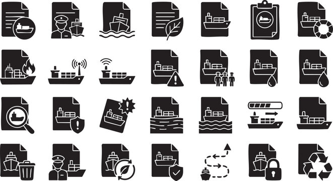 Shipping cargo document icons with various maritime themes: captain, ship at sea, leaf, boat with boxes, clipboard, lifebuoy, fire, radar, warning, people