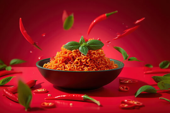 Spicy instant noodles in a dark bowl garnished with basil leaves with flying chili peppers