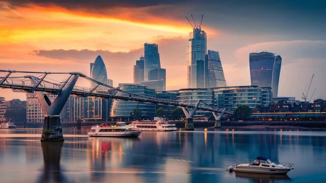 Sunset view of modern London skyline with river boats and Millennium Bridge reflecting on calm water
