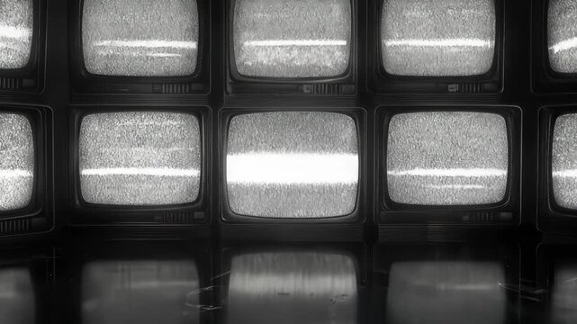 Retro television wall displaying static and white noise. Vintage analog screens with flickering interference in dark room. Lockdown wide shot.