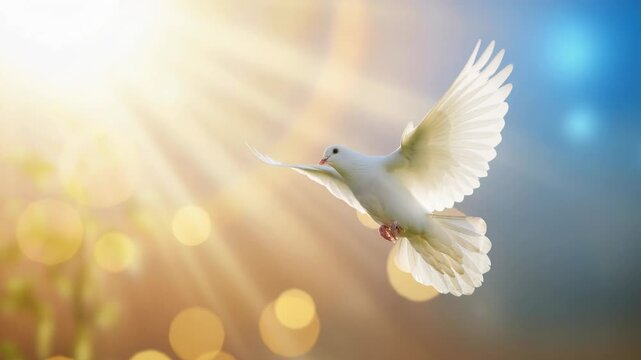 White dove flying in bright sunlight with golden bokeh and blue sky background symbolizing peace and freedom