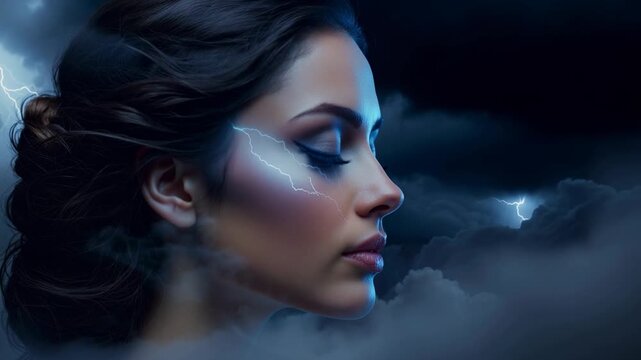 Surreal portrait of a woman with lightning and clouds creating a mystical atmosphere at night