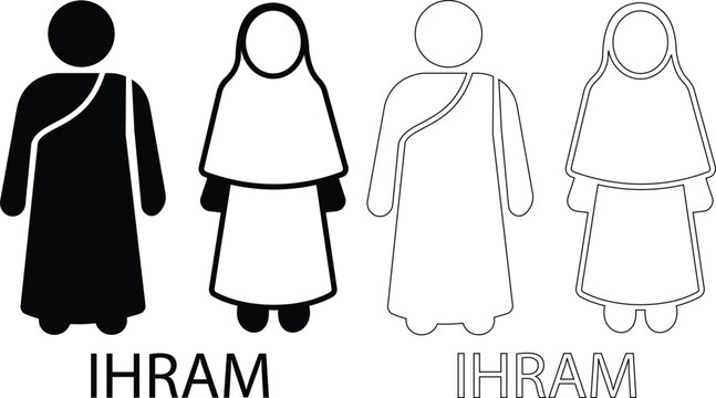 Black flat and line style Ihram male and female vector icon set, collection and group of Muslim Hajj pilgrimage clothing symbols isolated on transparent background