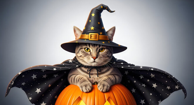 Charming cat dressed as a witch with a pumpkin for halloween celebration
