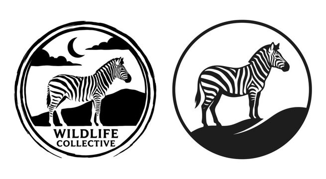 Black and white zebra silhouette logos in round frames