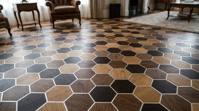 Elegant hardwood flooring featuring intricate geometric hexagon patterns with contrasting wood tones creating a sophisticated visual texture in this interior design photo which is presented here today