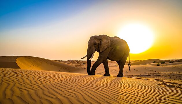Elephant walking on sandy desert landscape.