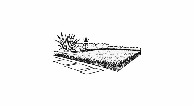 A black and white sketch of a garden with a lawn, flowers, and path