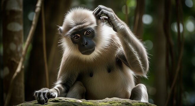 Primate with thoughtful expression in natural outdoor habitat against blurred background