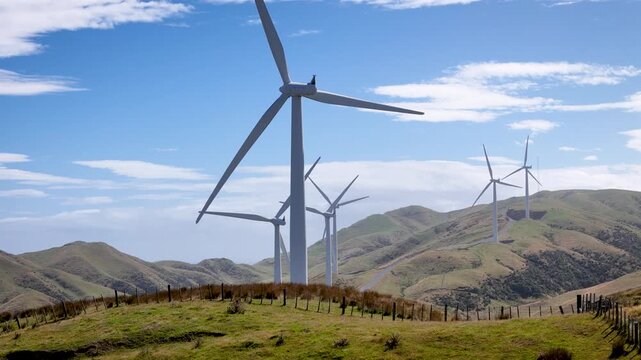 Aerial view of Makara Wind Farm turbines spinning on green rolling hills under a blue sky with clouds in Wellington, Wellington Region, New Zealand.
