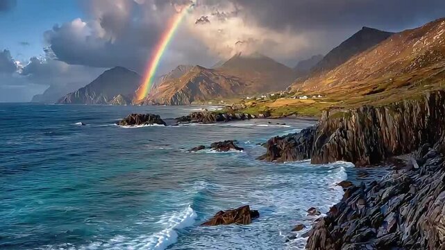 A breathtaking landscape of a rainbow arching over rugged cliffs and turquoise ocean waves, ideal for travel and wellness branding.