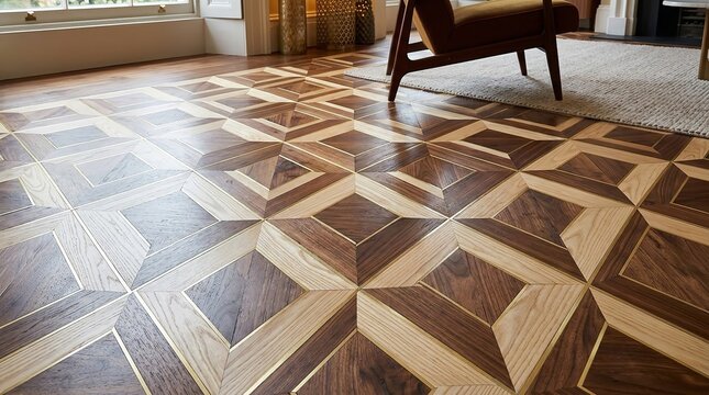 Intricate geometric wooden floor pattern featuring contrasting dark and light wood panels inlaid with thin brass strips creating a luxurious and modern aesthetic within a stylish home interior on tran