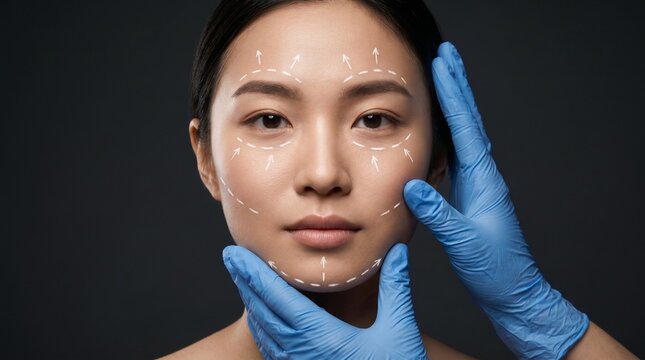 Plastic surgery and facial contouring concept. Portrait of a beautiful Asian woman with white surgical guidelines on her face, touched by doctor hands in blue gloves against a dark background.