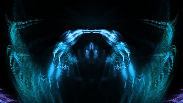 Mystical glowing futuristic energy field light portal aura in a butterfly-like, heart-shaped silhouette, Sci-Fi, technology, research, biology, spiritual, atmosphere, blue, violett, black