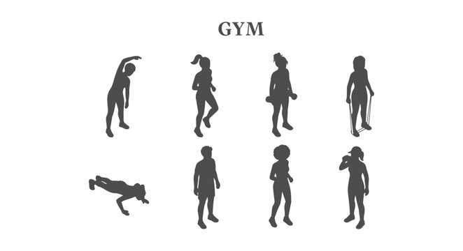 Top View CAD Gym Training People Silhouette Set with Stretching Jogging and Weight Lifting Workout Poses in Overhead Perspective Minimal Black Filled Style