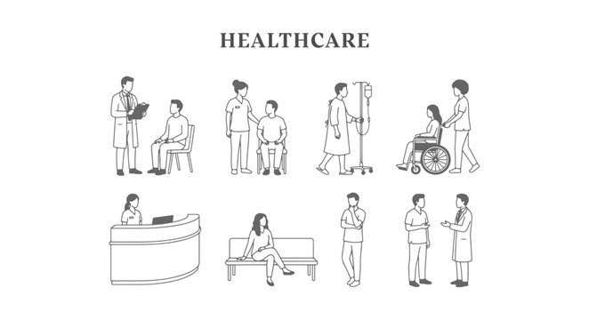 Top View CAD Healthcare Environment People Illustration Set with Doctor Checking Patient Chart Nurse Assisting and Patient Sitting in Overhead Perspective for Architectural Drawing Use