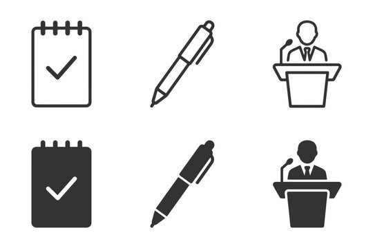 Set of notepad, pen, and speaker icons in simple black design.