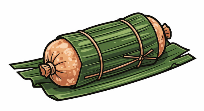 A cylindrical food item is tightly wrapped in green leaves and tied with string
