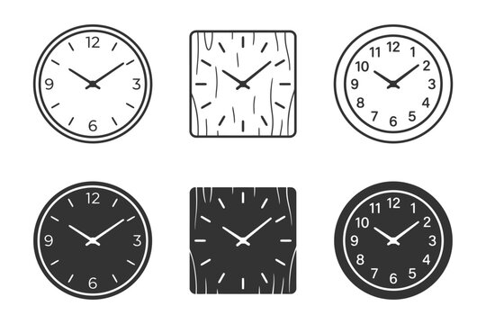 Variety of clock faces: round and square analog designs.