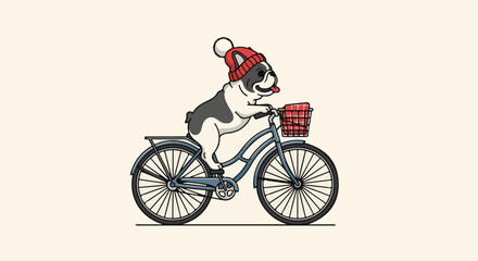 Fototapeta premium A French bulldog in a red knit hat rides a bicycle with a basket