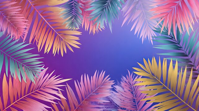 Vibrant tropical palm leaves arranged in a frame pattern create a colorful and artistic composition for this unique creative photograph