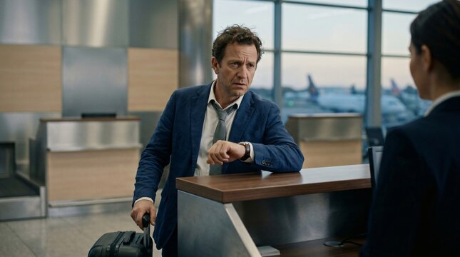 Man traveler talking to woman airline employee at airport check-in desk. Businessman questioning staff about flight delay. Travel logistics, business trip, transit and service.