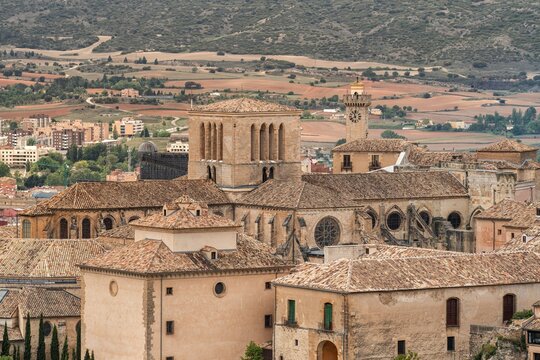 Panoramic view of Cuenca old town with cathedral rooftops, historic architecture and surrounding countryside in Castilla La Mancha Spain