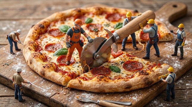 Tiny construction workers use a large pizza cutter to slice a fresh pepperoni pizza on a wooden board in this creative and fun macro photography shot