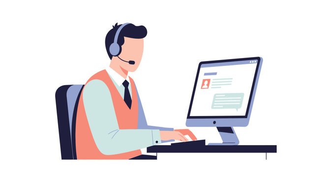 Customer service representative working on computer with headset.