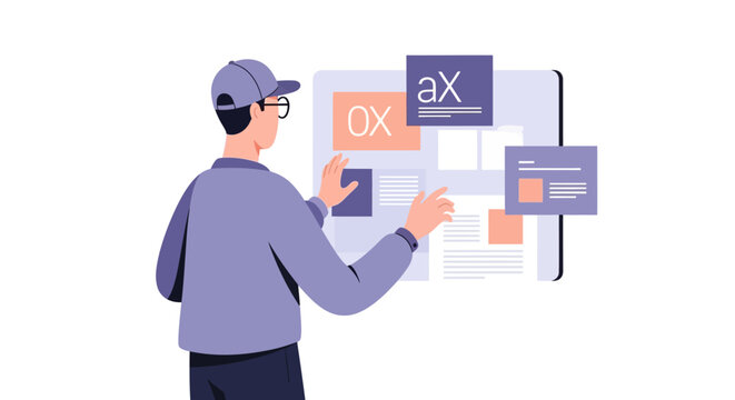 Designer working on user interface wireframes and prototypes on a large screen.