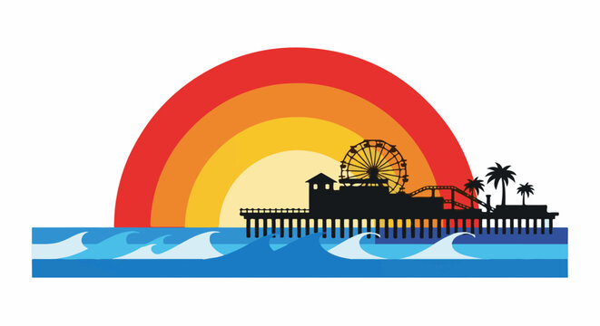 Silhouette of a pier with Ferris wheel, roller coaster, and palm trees at sunset
