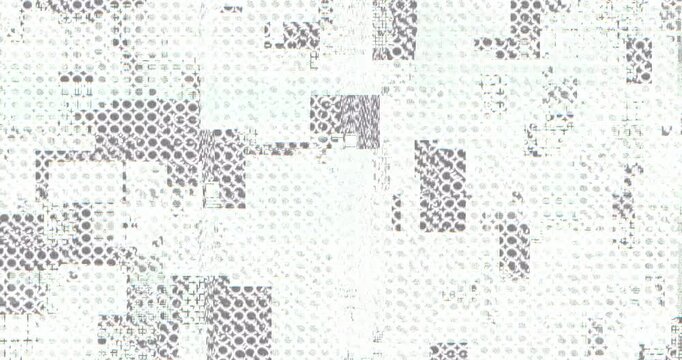 A bright abstract glitch texture of fragmented gray and white data blocks with subtle color streaks and digital noise.