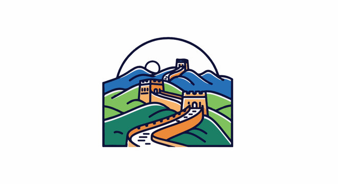 Stylized depiction of a historic wall winding through rolling green and blue hills