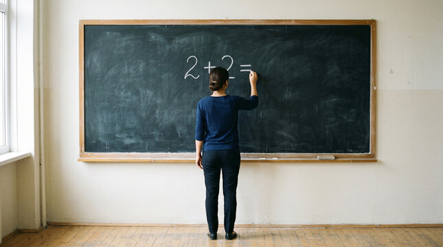 Rear view of a math teacher writing a simple addition equation "2+2=" with white chalk on a classic blackboard, minimalist classroom setting for back to school concept
