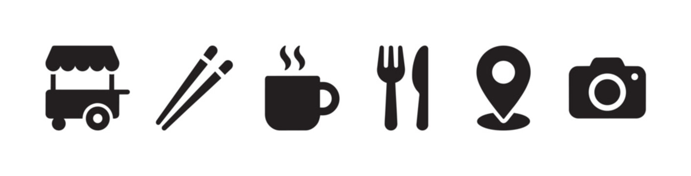 A collection of black flat icons represents a food cart, chopsticks, a steaming mug, cutlery, a location pin, and a camera on a white background.