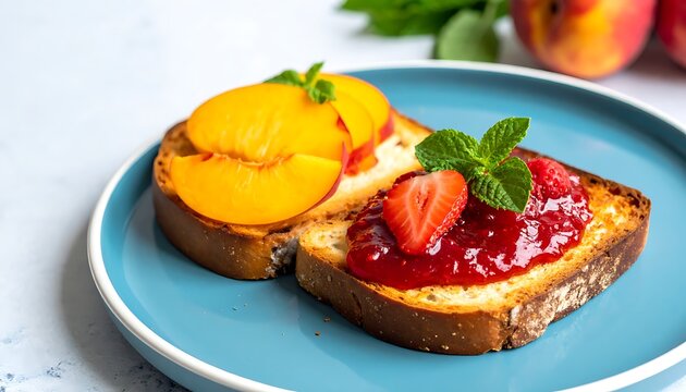 Peach and jam on toasted bread.