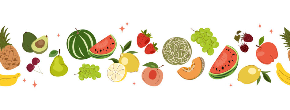 Seamless summer fruit border pattern featuring pineapple avocado cherries pear grapes lemon peach melon watermelon banana and berries on light background. Vector illustration