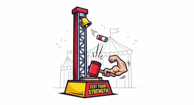 Cartoon strongman hitting strength testing game, bell rings at fair