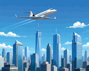 Naklejka premium Vsai private jet flying over new york city skyline
