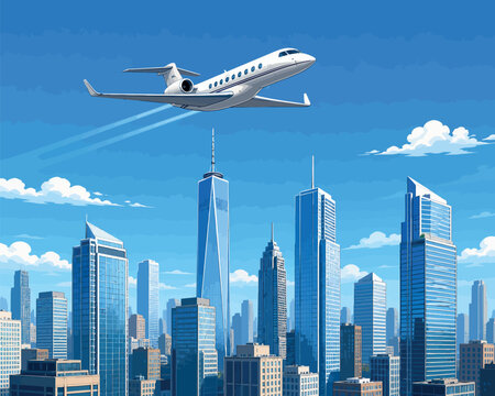 Vsai private jet flying over new york city skyline