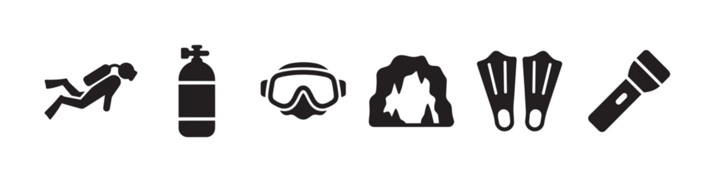 Collection of black vector icons representing scuba diving gear including a diver, oxygen tank, mask, cave, fins, and flashlight on white background.