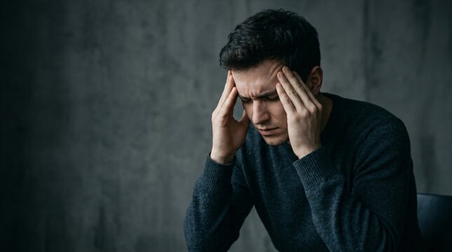 Stressed man suffering from headache and migraine. Young guy holding head with hand having pain or panic attack. Mental health issue, anxiety, depression and life struggle concept.