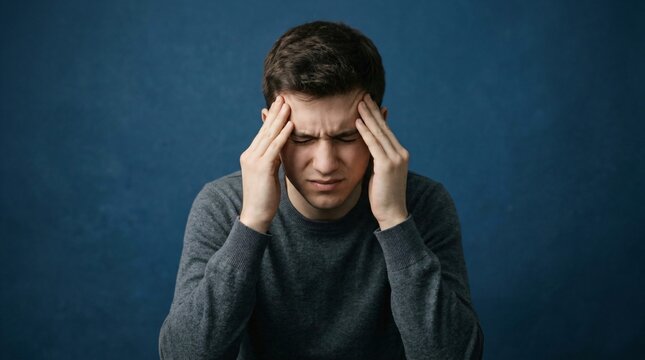 Stressed man suffering from headache and migraine. Young guy holding head with hand having pain or panic attack. Mental health issue, anxiety, depression and life struggle concept.
