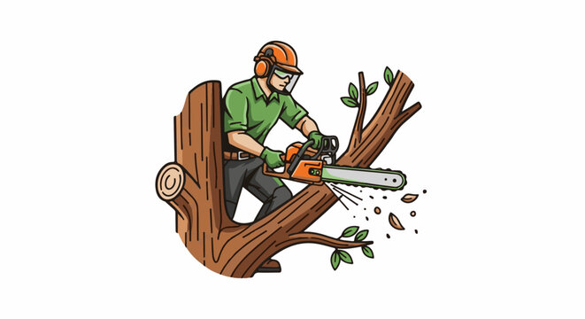 Cartoon logger wearing safety gear operates a chainsaw cutting a tree branch