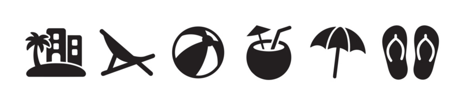 A collection of black and white vector icons representing summer vacation activities and items, including buildings, a lounge chair, a beach ball, a coconut drink, an umbrella, and flip-flops.