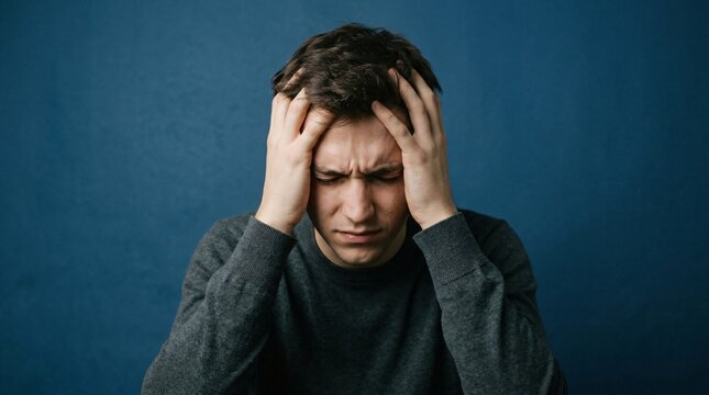 Stressed man suffering from headache and migraine. Young guy holding head with hand having pain or panic attack. Mental health issue, anxiety, depression and life struggle concept.
