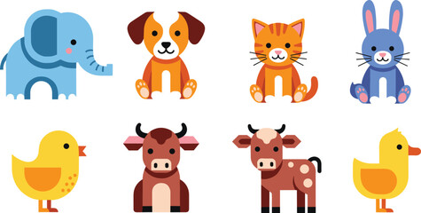 Fototapeta premium Cute Animal Icon Set with Elephant, Dog, Cat, Rabbit, Duck, and Cow for Kids, Nursery, and Animal Education Designs