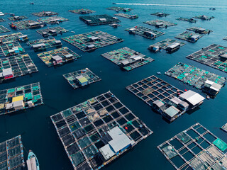Grid pattern of floating fish cages across open sea in aerial drone view © Parilov