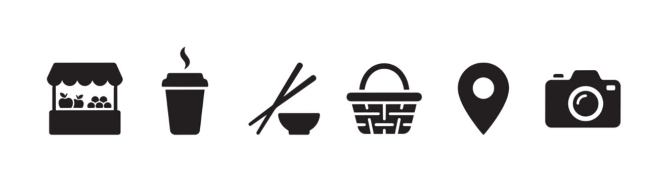 A graphic collection of simple black icons representing a market stall, hot drink, chopsticks and bowl, basket, map pin, and camera on a white background.