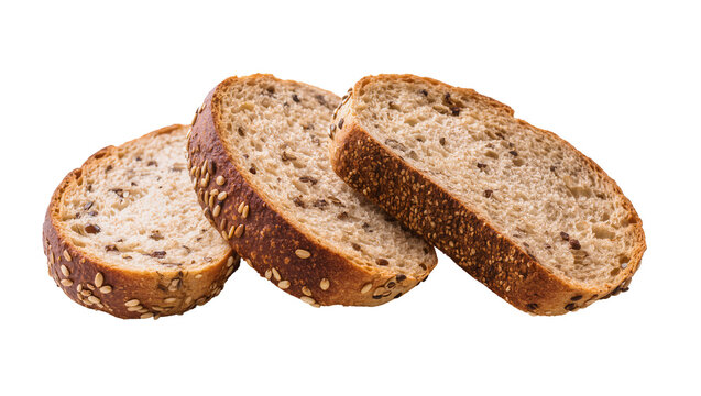 Three slices of whole grain bread with seeds, isolated on transparent background